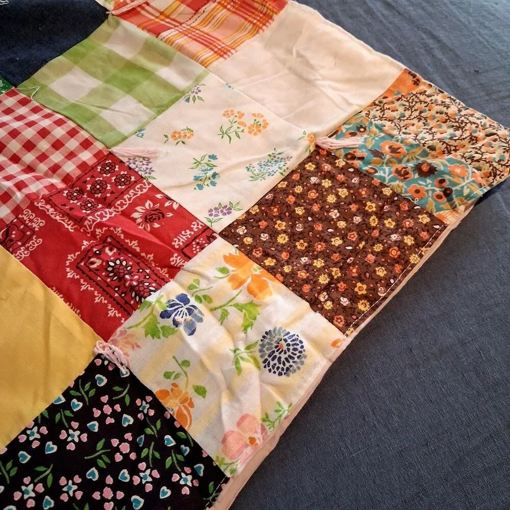Vintage Patchwork Quilt 1960s Handmade 54x35 Mid Century Patterns Multi-Color